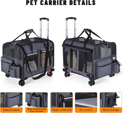 Cat Carrier for 2 Cats,Cat Carrier with Wheels for Cats and Dogs, Foldable Double Pet Carrier, Rolling Dog Carrier with Detachable Wheels and Telescopic Handle,2 Front Zippered Compartments Gray