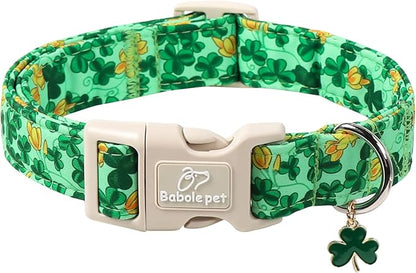 St. Patrick's Day Dog Collar for Small Dogs - Green Shamrock & Yellow Flower Print Dog Collars, Cute Irish Party Puppy Collar, Lightweight Adjustable St. Patricks Day Pet Collars XS