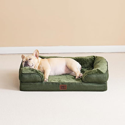 EHEYCIGA Orthopedic Dog Beds for Large Dogs, Waterproof Memory Foam Large Dog Bed with Sides, Non-Slip Bottom and Egg-Crate Foam Pet Couch Bed with Washable Removable Cover, Dark Green