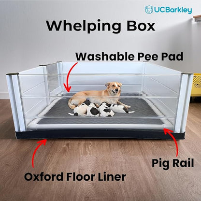 Whelping Box for Dogs and Puppies with Clear Window Panel – Modular, Easy-Clean, Safe Design with Pig Rail, Floor Liner & Washable Pad | UC Barkley Premium 48 Inch