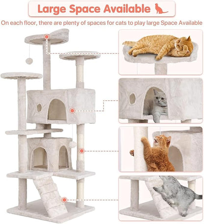 54in Cat Tree Cat Climbing Tower with Scratching Post, Cats House Perch Kitten Tree Condo Wood Playhouse, Pet Trees Tower for Indoor Cats, Beige