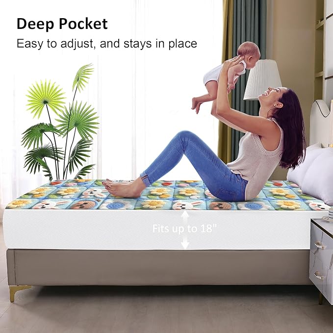 Waterproof Mattress Protector Queen, Fitted Sheet Style Breathable Mattress Cover with Deep Pocket Fits Up to 18'', Machine Washable Noiseless Bed Cover for Kids Adults Pets (Squares, 60'' X 80'')