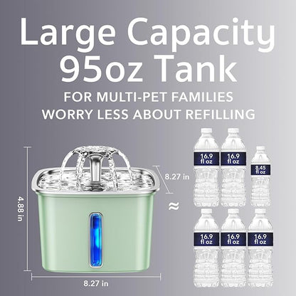 Veken Innovation Award Winner Stainless Steel Cat Water Fountain, 95oz/2.8L Automatic Pet Fountain Dog Water Dispenser with Replacement Filters & Silicone Mat for Cats, Dogs, Multiple Pets (Tea Green)