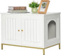 Homhedy Cat Litter Box Enclosure, Cat Washroom Furniture with Metal Frame, Pet House, Fit Most of Litter Box, Modern Style, White and Gold