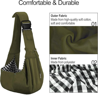 PETLOFT Reversible Dog Cat Sling Carrier, Small Dog Carrier, Adjustable Dog Sling, Hands Free Cross Body Carrier with Collar Hook for Dog/Cat/Bunny up to 11lb (Army Green)