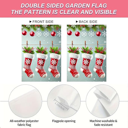 Christmas Garden Flag Three Stockings Winter Garden Flag 12x18 Inch Double Sided Outdoor Decoration for Holiday Season Yard Porch Lawn Display Festive Snowflake Banner