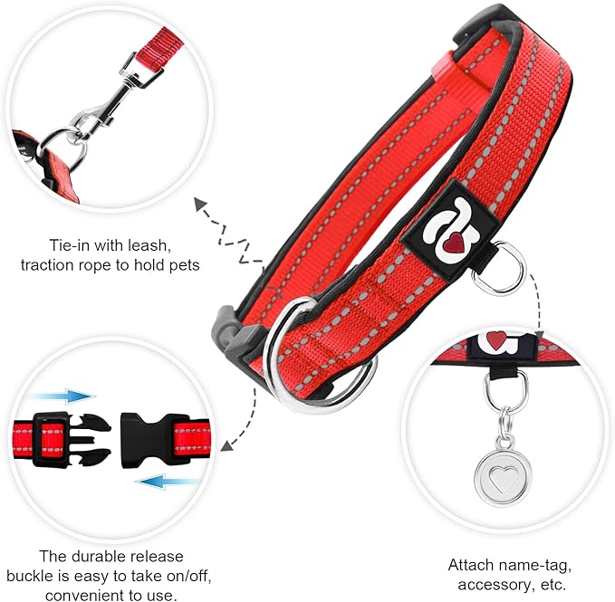 azuza Reflective Dog Collar with Airtag Holder, Soft Neoprene Padded Pet Collar with ID Tag Ring, Adjustable for Medium Dogs,Red,M