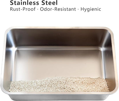 Stainless Steel Cat Litter Box Set, Includes Catnip Fish Toy & Wand Feather Toy Refill, Easy to Clean, Pet Toilet Supplies for Kitten, Kitty, Rabbit, Metal Litter Pan for Kittens and Adult Cats