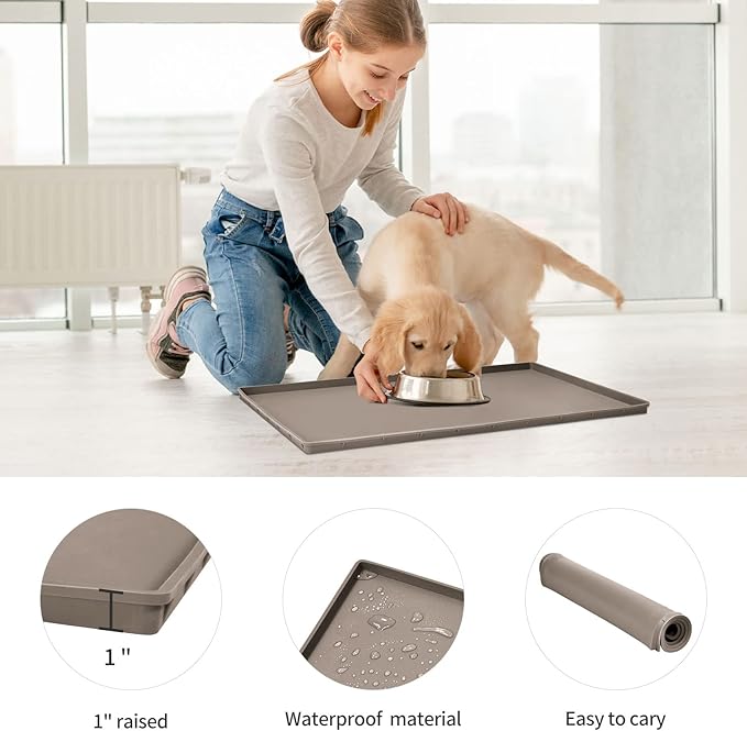 Dog Food Mat,Silicone Waterproof Food Tray,Non Slip Pet Bowl Mats Placemat,1" Raised Edge,Suitable for Most Small and Medium Sized Pets,32" x 24"