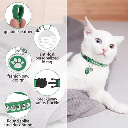 Leather Personalized Breakaway Cat Collar with Studded Bell and Safety Quick Release Buckle - Rivets Studded ID DIY Collars for Boy Girl Cats Kittens, 9" - 11.5" Green