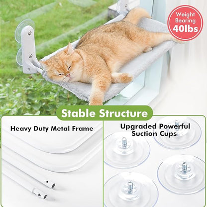 Cordless & Foldable Cat Window Perch with Metal Frame and Reversible Washable Cover Pet Hammock Bed, 4 Large Suction Cups Window Resting Seat for Indoor Cats Kittens (Grey - M)