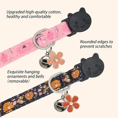 Cat Collar Breakaway, 2 Pack Cotton Cats Collars with Bells, Cute Flowers Shaped for Girl Boy Kittens, Pink and Orange