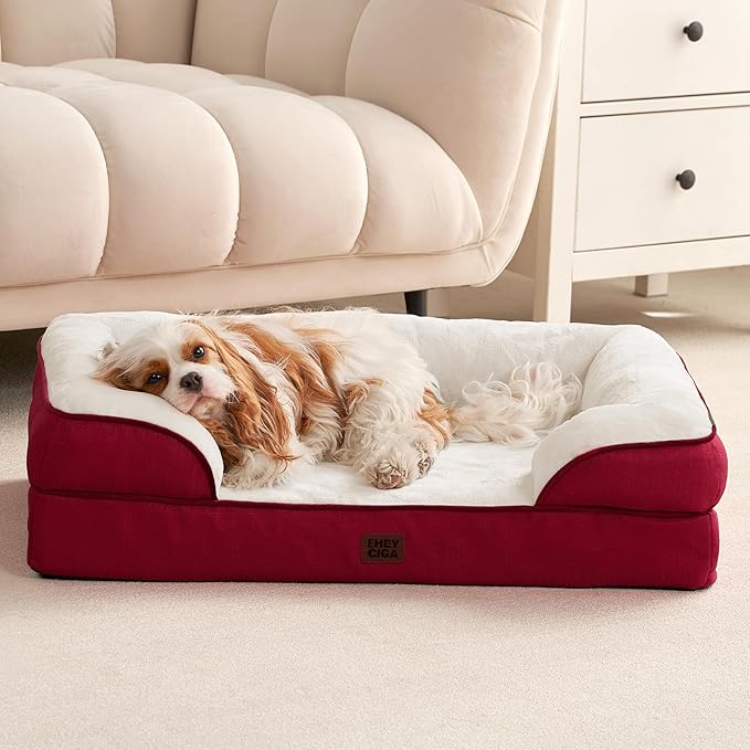 EHEYCIGA Orthopedic Dog Beds for Large Dogs, Waterproof Memory Foam Large Dog Bed with Sides, Non-Slip Bottom and Egg-Crate Foam Pet Couch Bed with Washable Removable Cover,Red