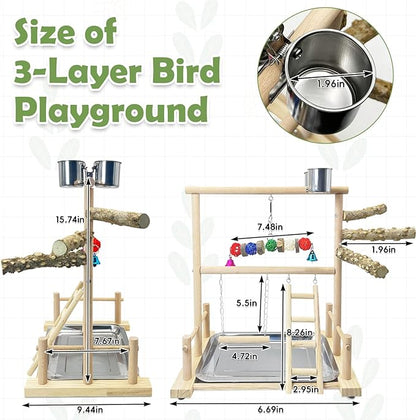 kathson Bird Playground Parrot Perch Stand Toys, Birds Wood Play Gym Activity Center Exercise Playpen Ladder Swing with Feeder Cups Chewing Toy(Include a Tray)