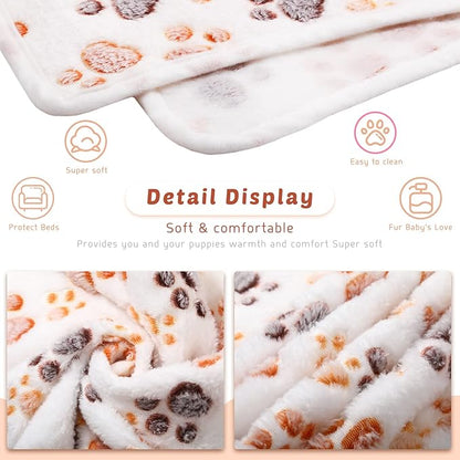 Tegeme 8 Pcs Fleece Dog Blankets for Small Dogs Cat Soft Coral Velvet Warm Sleep Mat Fluffy Dog Paw Print Blanket for Kitten Doggy Small Animal(24 x 16 Inch,White)