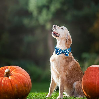 Halloween Dog Collar, Ghost Print Adjustable Pet Collar Blue Cute Cotton Soft Collars with Bow Tie Fall Metal Buckle Holiday Puppy Collars Boy&Girl Gift for X-Small Dogs