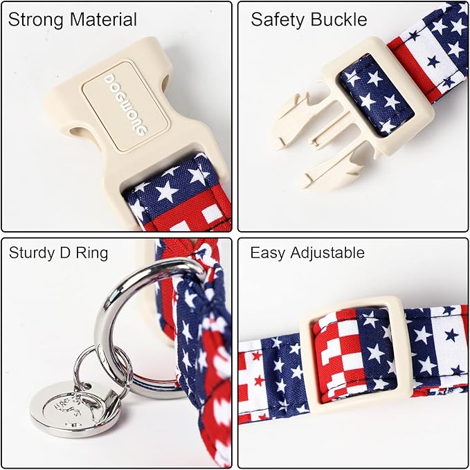 DOGWONG Cotton Dog Collar - 4th of July Durable Soft Natural Fabric Pet Collar, Cute Patriotic Puppy Necklace for Small Medium Large Dogs