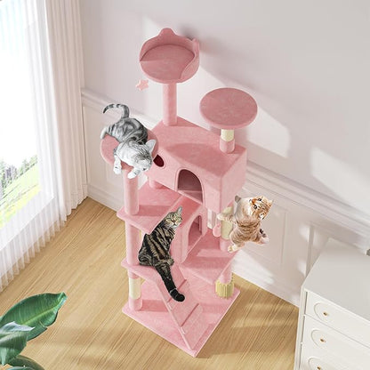 MoNiBloom 77 Inch Cat Tree Tower for Indoor Cats Large Adults, Tall Cat Tower with Scratching Post, Multi-Level Furniture Activity Center with Cat Condo Pet Play House, Soft Pink