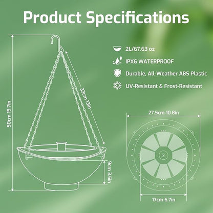 Solar Bird Bath with Fountain and Battery Backup, 3-in-1 Hanging or Freestanding Birdbath, Low-Water Protection & 3 Nozzles for Garden Patio Decor (Forest Green)