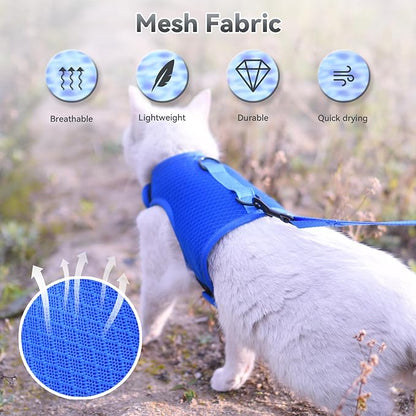 Kitty Harness and Leash for Walking Escape Proof Breathable Mesh Fabric, Solid Blue, Small, Adjustable Cat Walking Jackets, Padded Stylish Cat Vest