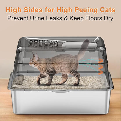 XXXXL Stainless Steel Cat Litter Box with Lid 110° Flip-Top Extra Large Enclosed Litter Box Non-Sticky Metal Pan with High Sided & Scoop, Front & Top Entry, Anti-Leakage, Easy Cleaning, 28"x20.5"x20"