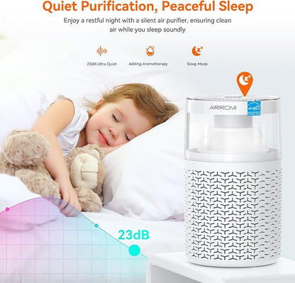 AIRROMI Air Purifiers for Bedroom Home,Up to 658 Ft²,Activated Carbon Filter Cleaner,With Fragrance Sponge for Better Sleep,Night Light,Pet Dander,Allergies,Smoke,Odor,Desktop Air Cleaner A2002 White