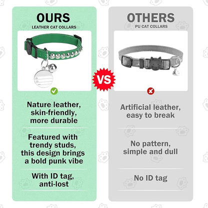 Leather Personalized Breakaway Cat Collar with Studded Bell and Safety Quick Release Buckle - Rivets Studded ID DIY Collars for Boy Girl Cats Kittens, 9" - 11.5" Green
