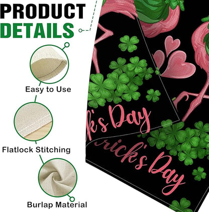 Dyrenson Happy St Patricks Day Flamingo Decorative Garden Flag, Lucky Shamrock Clover Black Yard Outside Home Decorations, Spring Irish Love Hearts Burlap Outdoor Small Decor Double Sided 12 x 18
