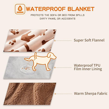 Waterproof Dog Blankets Pet Blanket, 30"x40" Cat Blanket for Indoor Cats, Soft Fluffy Sofa Car Bed Protector, Reversible Sherpa Fleece Puppy Blanket for Small Medium Dogs (Beige-House)