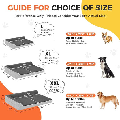 Dog Bed Large Sized Dogs, XXL Orthopedic Dog Bed for Large Dogs, Waterproof Pet Bed with Washable Removable Cover, L-Shaped Pet Couch with Portable Handle 48"x35"x7.5", Grey Flannel