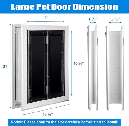 Aluminum Pet Door with Panels,Durable Dog Door with Automatic Closing Magnetic Flaps, Slide-in Panel & 4 Security Locks, Suitable for Interior and Exterior Doors, Screen and Wall, Large, Sliver