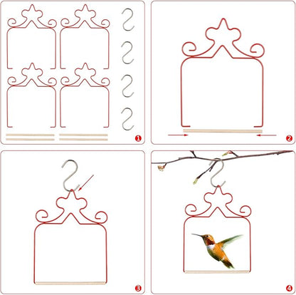 Hummingbird Swings 4 Pack, Rust Resistant Metal Frame, Red Hummingbird Perches with Wooden Dowel,Perfect for Hanging Outdoor Trunk Lawn Patio Garden Yard Porch