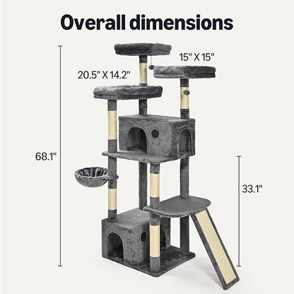 Amazon Basics Large Cat Tree Tower, Multi-Level Activity Center with 2 Large Condos, Multiple Sisal Scratching Posts and Hanging Pompoms, Gray, 68 Inches