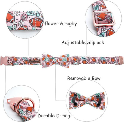 Dog Collar - Rugby with Flower Pet Collar Bows for Dogs Bowtie Pet Collar Adjustable Dog Collar Girl Boy Puppy Collar for Small Dogs