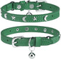 Leather Cat Collars for Boy Girl Cats with Bell and Safety Elastic Belt, Personalized Star and Moon Stud Adjustable Safe Buckle Collar for Kitty Small Big Cats Size 7-9 Inch, Green
