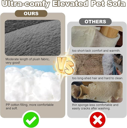 Elevated Cat Couch Bed for Indoor Cats - Wooden Pet Sofa with Removable Washable Thick Cover Raised Kitty Lounge Chair Suitable for Puppy or Small Animals(Cat Sofa Light-Grey)