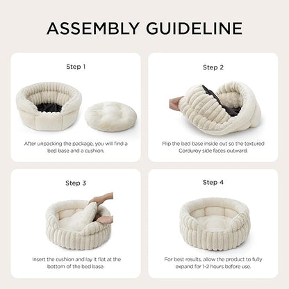 Bedsure ComfyFleece™ Medium Dog Bed, Washable Cute Pet Bed, Super Soft Corduroy Round Cat Bed with Anti-Slip Bottom, 26''x26''x9'', Cream