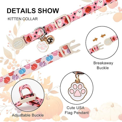Unique Style Paws Halloween Cat Collar,Cute Cat Collars with Pumpkin Pattern,Pumpkin Kitten Collar with Breakaway Buckle,Ideal Gift for Boy Girl Cats