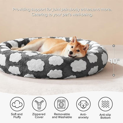 JOEJOY Donut Large Dog Bed, Cute Round Calming Dog Bed with Removable Washable Cover, Orthopedic Pet Beds with Jacquard Shaggy Plush & Non Skid Bottom, Black