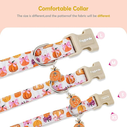 Faygarsle Fall Pumpkin Pattern Dog Collar with Charm, Adjustable Neckwear for Small Medium Large Dogs, Orange and Pink for Small Medium Large Dogs S