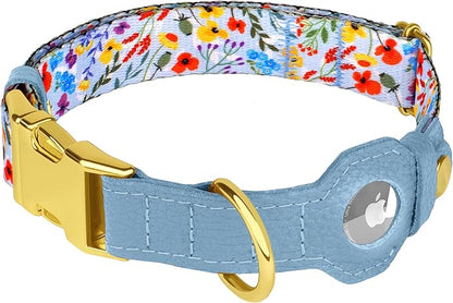 AirTag Dog Collar for Small Medium Large Breed - Adjustable Cute Pattern Dog Collar with Airtag Holder - Soft Leather Tracker GPS Apple Air Tag Pet Collars (Large, 17"-21" Neck Fit, Floral)