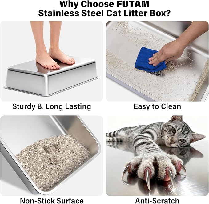 Stainless Steel Litter Box, XL Metal Litter Box with Lid, Extra Large Cat Litter Boxes for Big Cats with High Sides, Easy Cleaning, Non Stick, No Smell, Include Scoop and Mat