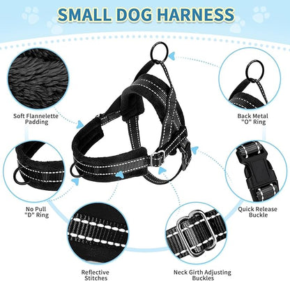 SlowTon No Pull Small Dog Harness and Leash Set, Puppy Soft Vest Harness Neck & Chest Adjustable, Reflective Lightweight Harness & Anti-Twist Pet Lead Combo for Small Medium Dogs (Black, XXS)
