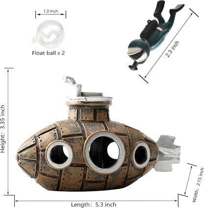Floating Fish Tank Decoration, LittleCute Retro Submarine AquariumDecoration with Two Float Balls,Resinous Fish Tank Accessorie