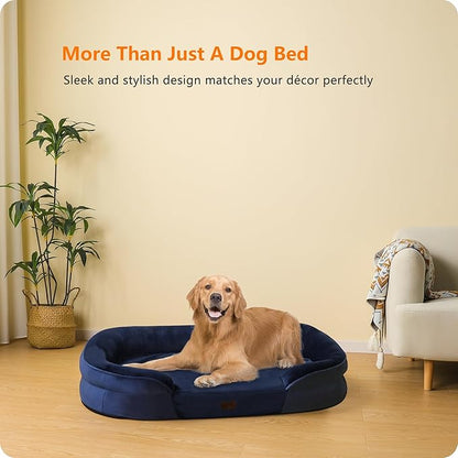 Dwanton Orthopedic Dog Bed for Large Dogs with Gel Memory Foam, Waterproof Dog Sofa, Washable Pet Bed with Four Sided Bolster Cushion, Removable Cover & Non-Slip Bottom, 42", Navy Blue