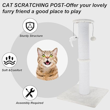 Cat Scratching Post 34 Inches Heavy Duty and Thicker Cat Scratching Post Sisal Rope with Hanging Ball and Mice Scratching Post for Indoor Cats and Adult(White)