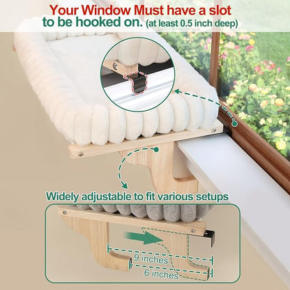 Zakkart SnugCloud Cat Window Perch with 4-Sided Bolster - Large Cat Hammock for Window Sill - Solid Hardwood & Metal Frame - Window Seat for Pets (Natural Color Wood w/White Bed, Large)