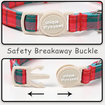 Unique style paws 2 Pack Christmas Kitten Collar Breakaway with Bell&Pendant, Adjustable Safety Red Green Scottish Plaid Cat Cotton Collar for Girl Boy Cat and Small Pet