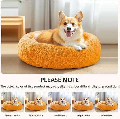 JOLLYVOGUE Calming Dog Bed Large Size Dog, Anti-Anxiety Donut Large Pet Bed, 36 inches Fluffy Faux Fur Round Cat Bed, Fits up to 75 lbs Pets (Orange)