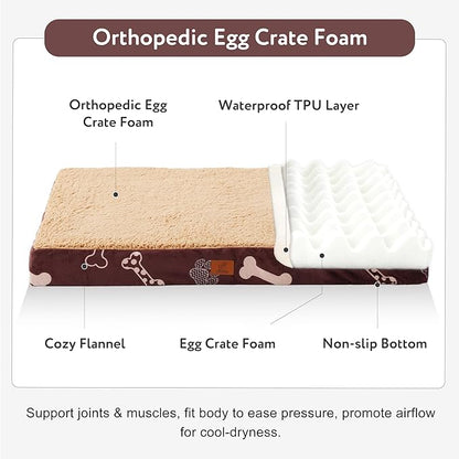 Waterproof Orthopedic Dog Bed for Large Medium Sized Dogs 35x22 Inch - Egg Crate Foam Pet Crate Bed with Removable Washable Cover, Plush Top Anti-Slip Bed Mat, Chocolate
